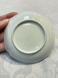 Three fine Chinese eggshell iron-red and gilt-decorated 'Boy and Goats' cups and saucers, Yongzheng