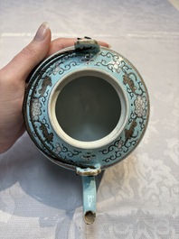 A Chinese grisaille turquoise-ground Dayazhai-style teapot and cover, Guangxu mark and of the period