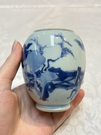 A Chinese blue and white tea caddy with figural design, artemisia leaf mark, Kangxi