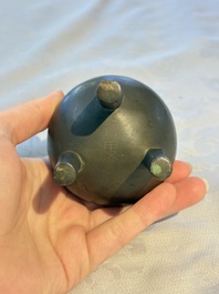 A Chinese silver-inlaid bronze tripod censer with clouds design, 19th C.