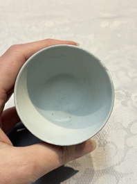 A pair of Chinese blue-glazed 'Hatcher Cargo' vases with incised dragons and a stem cup, Transitional period