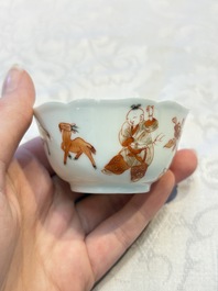 Three fine Chinese eggshell iron-red and gilt-decorated 'Boy and Goats' cups and saucers, Yongzheng