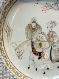 A fine Chinese grisaille, iron-red and gilt-decorated 'Riders on Horseback' plate, Yongzheng