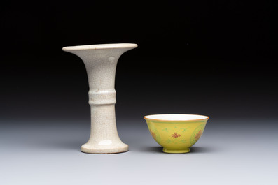 A Chinese Ge-ware archaistic 'Gu' vase, a white-glazed anhua-decorated ink stone and a yellow-ground bowl, 20th C.