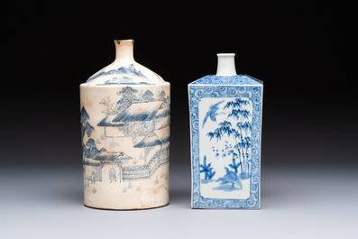 A Japanese blue and white Arita square flask and a Tangen-style bottle, 'Tokkuri', 19/20th C.
