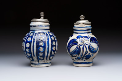 Two Westerwald tankards with mounted pewter lids, one lid dated 1757, Germany, 18th C.