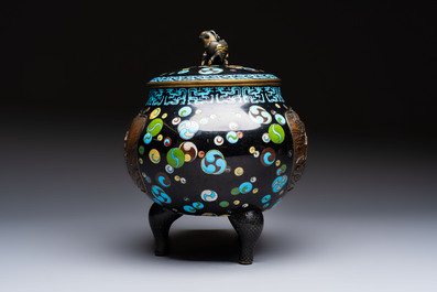 A fine Japanese cloisonn&eacute; tripod censer and cover with a mythical-animal-form finial, Meiji, 19th C.
