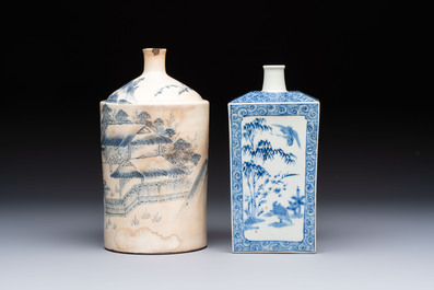 A Japanese blue and white Arita square flask and a Tangen-style bottle, 'Tokkuri', 19/20th C.