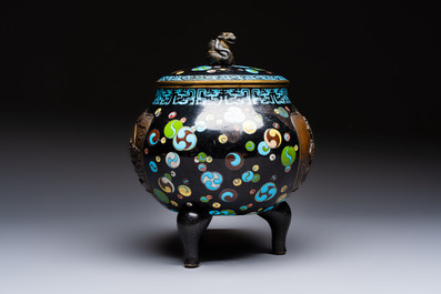 A fine Japanese cloisonn&eacute; tripod censer and cover with a mythical-animal-form finial, Meiji, 19th C.