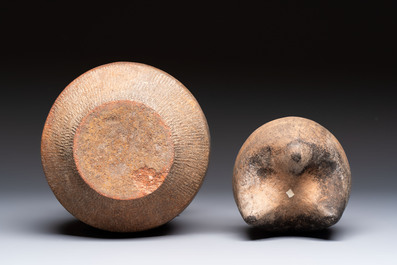 Two Chinese pottery storage or cooking vessels, Neolithic