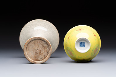 A Chinese Ge-ware archaistic 'Gu' vase, a white-glazed anhua-decorated ink stone and a yellow-ground bowl, 20th C.