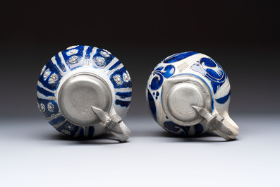 Two Westerwald tankards with mounted pewter lids, one lid dated 1757, Germany, 18th C.