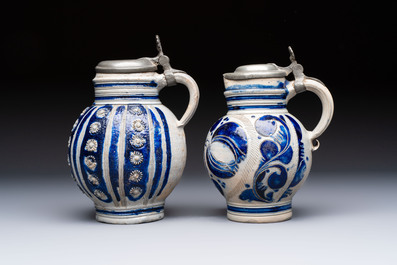 Two Westerwald tankards with mounted pewter lids, one lid dated 1757, Germany, 18th C.