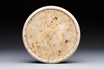A Chinese Ge-ware archaistic 'Gu' vase, a white-glazed anhua-decorated ink stone and a yellow-ground bowl, 20th C.