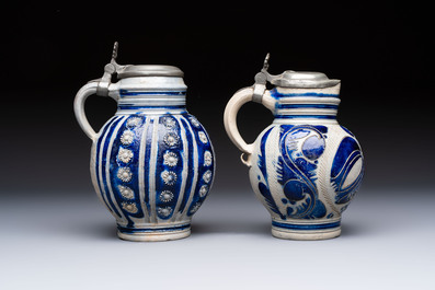 Two Westerwald tankards with mounted pewter lids, one lid dated 1757, Germany, 18th C.