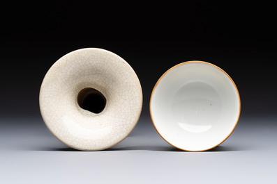 A Chinese Ge-ware archaistic 'Gu' vase, a white-glazed anhua-decorated ink stone and a yellow-ground bowl, 20th C.