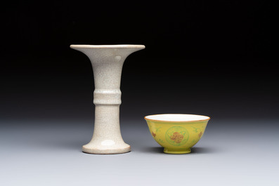 A Chinese Ge-ware archaistic 'Gu' vase, a white-glazed anhua-decorated ink stone and a yellow-ground bowl, 20th C.