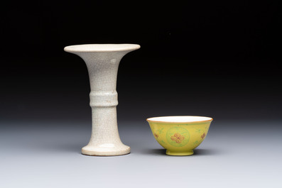 A Chinese Ge-ware archaistic 'Gu' vase, a white-glazed anhua-decorated ink stone and a yellow-ground bowl, 20th C.
