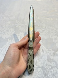 A Chinese mounted magnifying glass with a jade handle and a sterling silver letter opener with a jade handle, 19th C.