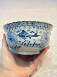Three Chinese blue and white 'Fish' bowls and a bottle vase, Kangxi marks, 19th C.