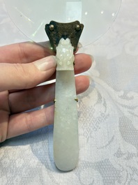 A Chinese mounted magnifying glass with a jade handle and a sterling silver letter opener with a jade handle, 19th C.