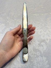 A Chinese mounted magnifying glass with a jade handle and a sterling silver letter opener with a jade handle, 19th C.