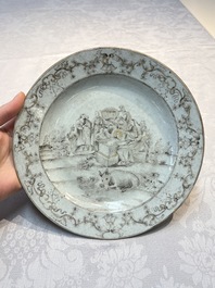 A Chinese grisaille and gilt-decorated 'Nativity' plate, Qianlong