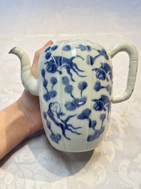 Two Chinese blue and white teapots and covers depicting goldfish and 'Wu Lao Guan Taiji 五老觀太極', Daoguang mark, 19th C.