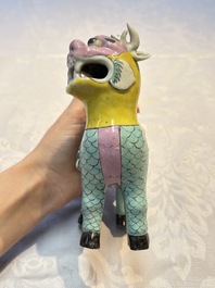 A pair of Chinese famille rose models of a boy riding a qilin and a bitong, 19/20th C.