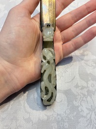 A Chinese mounted magnifying glass with a jade handle and a sterling silver letter opener with a jade handle, 19th C.