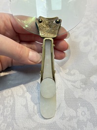 A Chinese mounted magnifying glass with a jade handle and a sterling silver letter opener with a jade handle, 19th C.
