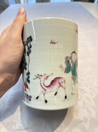 A pair of Chinese famille rose models of a boy riding a qilin and a bitong, 19/20th C.