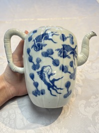Two Chinese blue and white teapots and covers depicting goldfish and 'Wu Lao Guan Taiji 五老觀太極', Daoguang mark, 19th C.
