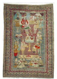 An exceptional and large embroidered silk 'Shahnameh' carpet, signed Musa Baft Tabriz, Tabriz, Iran, 20th C.