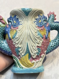 A Chinese famille rose ewer in the form of a dragon and two carps with wooden cover and stand, 19th C.