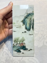 A set of four Chinese famille rose 'Landscape' plaques mounted in a wooden frame, signed Wang Yunquan 王雲泉, together with four plaques, 20th C.