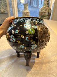 A fine Japanese cloisonn&eacute; tripod censer and cover with a mythical-animal-form finial, Meiji, 19th C.