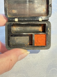 Two Chinese soapstone seals with an original buffalo-horn box, Ignace 依溺斯 mark, 20th C.