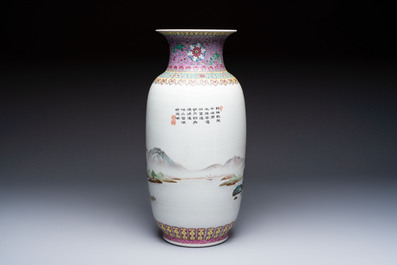 A Chinese famille rose 'Landscape' vase, Qianlong mark, 20th C.