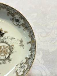 Four sets of Chinese export grisaille and gilt-decorated handled cups and saucers with crowned monograms, Qianlong