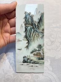 A set of four Chinese famille rose 'Landscape' plaques mounted in a wooden frame, signed Wang Yunquan 王雲泉, together with four plaques, 20th C.