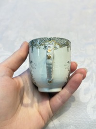 Four sets of Chinese export grisaille and gilt-decorated handled cups and saucers with crowned monograms, Qianlong