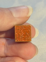 Two Chinese soapstone seals with an original buffalo-horn box, Ignace 依溺斯 mark, 20th C.