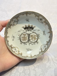 Four sets of Chinese export grisaille and gilt-decorated handled cups and saucers with crowned monograms, Qianlong