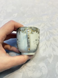 Four sets of Chinese export grisaille and gilt-decorated handled cups and saucers with crowned monograms, Qianlong