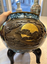 A fine Japanese cloisonn&eacute; tripod censer and cover with a mythical-animal-form finial, Meiji, 19th C.