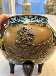 A fine Japanese cloisonn&eacute; tripod censer and cover with a mythical-animal-form finial, Meiji, 19th C.