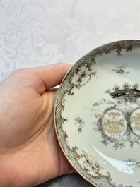 Four sets of Chinese export grisaille and gilt-decorated handled cups and saucers with crowned monograms, Qianlong