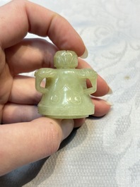 A Chinese celadon jade covered vase, with wooden stand, and a bowl with wooden cover and stand, 19/20th C.