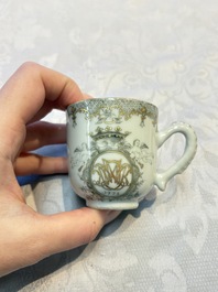 Four sets of Chinese export grisaille and gilt-decorated handled cups and saucers with crowned monograms, Qianlong